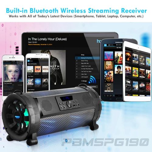  Pyle Bluetooth Boombox Street Blaster Stereo Speaker - Portable Wireless 300 Watt Power FM Radio  MP3 System w Remote, LED Lights & Rechargeable battery - PBMSPG190