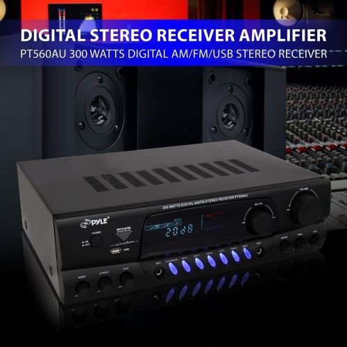  Pyle 300 Watt Home Audio Power Amplifier - Stereo Receiver wUSB, AM FM Tuner, 2 Microphone Input wEcho for Karaoke, Great Addition To Your Home Entertainment Speaker System - PT5