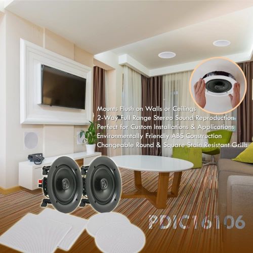  Pyle Pair 10” Flush Mount In-wall In-ceiling 2-Way Speaker System Spring Loaded Quick Connections Changeable RoundSquare Grill Stereo Sound Polypropylene Cone Polymer Tweeter 300