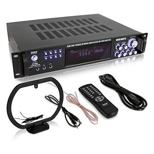  Pyle 4-Channel Home Audio Power Amplifier - w 70V Output - 1000 Watt Rack Mount Stereo Receiver w AM FM Tuner, Headphone, Microphone Input for Karaoke, Great for Commercial Entertainm