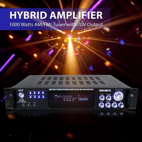  Pyle 4-Channel Home Audio Power Amplifier - w 70V Output - 1000 Watt Rack Mount Stereo Receiver w AM FM Tuner, Headphone, Microphone Input for Karaoke, Great for Commercial Entertainm