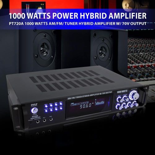  Pyle 4-Channel Home Audio Power Amplifier - w 70V Output - 1000 Watt Rack Mount Stereo Receiver w AM FM Tuner, Headphone, Microphone Input for Karaoke, Great for Commercial Entertainm