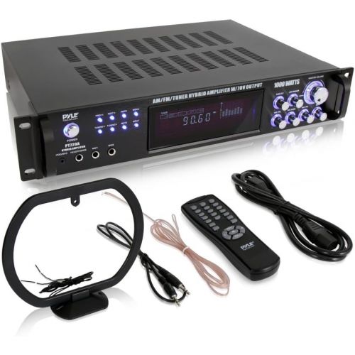  Pyle 4-Channel Home Audio Power Amplifier - w 70V Output - 1000 Watt Rack Mount Stereo Receiver w AM FM Tuner, Headphone, Microphone Input for Karaoke, Great for Commercial Entertainm