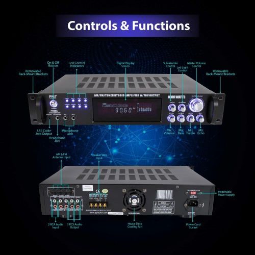  Pyle 4-Channel Home Audio Power Amplifier - w 70V Output - 1000 Watt Rack Mount Stereo Receiver w AM FM Tuner, Headphone, Microphone Input for Karaoke, Great for Commercial Entertainm