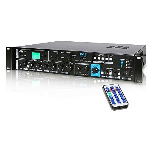  Pyle 70V System Audio Power Amplifier - 700W Rack Mount Portable Home Stereo Sound Receiver Mixer System w70V 100V Speaker Output, RCA AUX IN, USB, Mic Talkover - For Multi Speakers -