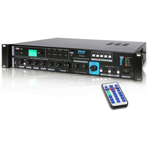  Pyle 70V System Audio Power Amplifier - 700W Rack Mount Portable Home Stereo Sound Receiver Mixer System w70V 100V Speaker Output, RCA AUX IN, USB, Mic Talkover - For Multi Speakers -