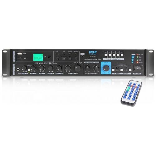  Pyle 70V System Audio Power Amplifier - 700W Rack Mount Portable Home Stereo Sound Receiver Mixer System w70V 100V Speaker Output, RCA AUX IN, USB, Mic Talkover - For Multi Speakers -