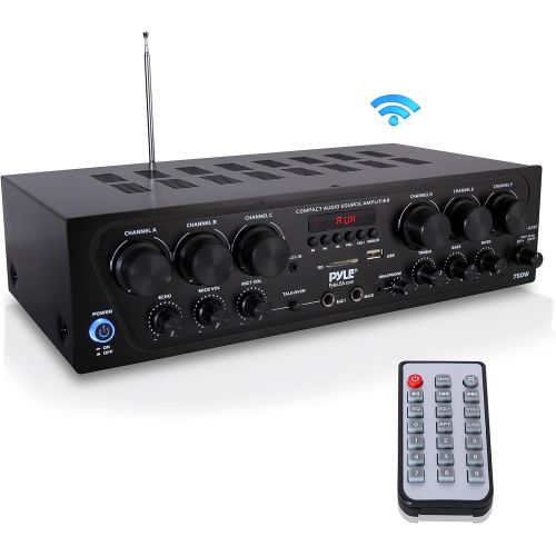  Pyle Bluetooth Home Audio Amplifier System - Upgraded 2018 6 Channel 750 Watt Wireless Home Audio Sound Power Stereo Receiver wUSB, Micro SD, Headphone, 2 Microphone Input wEcho, Talk