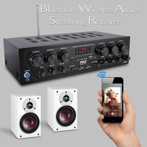  Pyle Bluetooth Home Audio Amplifier System - Upgraded 2018 6 Channel 750 Watt Wireless Home Audio Sound Power Stereo Receiver wUSB, Micro SD, Headphone, 2 Microphone Input wEcho, Talk