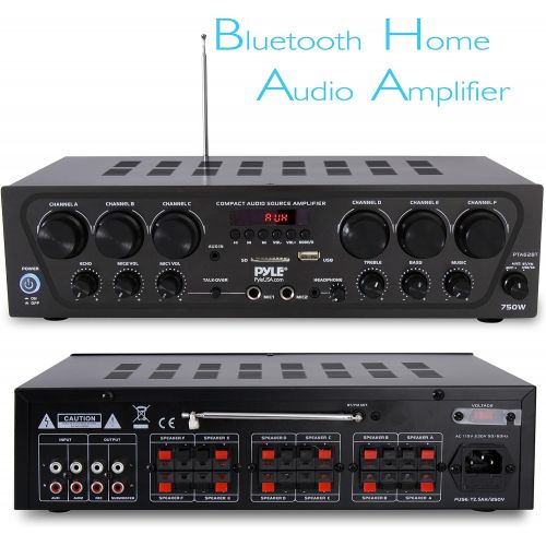  Pyle Bluetooth Home Audio Amplifier System - Upgraded 2018 6 Channel 750 Watt Wireless Home Audio Sound Power Stereo Receiver wUSB, Micro SD, Headphone, 2 Microphone Input wEcho, Talk