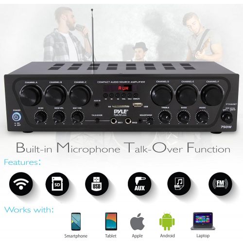  Pyle Bluetooth Home Audio Amplifier System - Upgraded 2018 6 Channel 750 Watt Wireless Home Audio Sound Power Stereo Receiver wUSB, Micro SD, Headphone, 2 Microphone Input wEcho, Talk