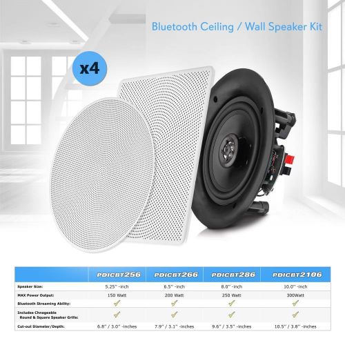  Pyle 8” 4 Bluetooth Flush Mount In-wall In-ceiling 2-Way Speaker System Quick Connections Changeable RoundSquare Grill Polypropylene Cone & Tweeter Stereo Sound 4 Ch Amplifier 250