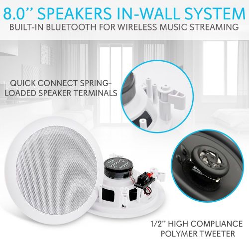  Pyle Pair 8” Bluetooth Flush Mount In-wall In-ceiling 2-Way Universal Home Speaker System Spring Loaded Quick Connections Polypropylene Cone Polymer Tweeter Stereo Sound 250 Watts