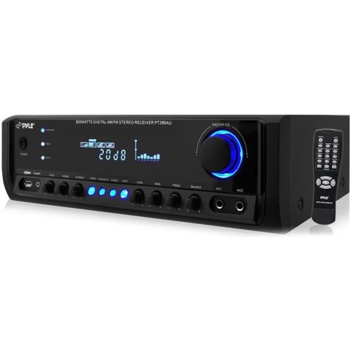  Pyle Home Audio Power Amplifier System - 300W 4 Channel Theater Power Stereo Sound Receiver Box Entertainment w USB, RCA, AUX, Mic w Echo, LED, Remote - For Speaker, iPhone, PA, Studi