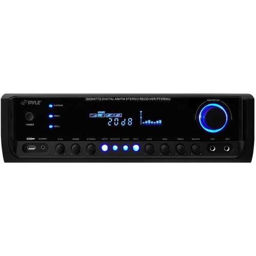  Pyle Home Audio Power Amplifier System - 300W 4 Channel Theater Power Stereo Sound Receiver Box Entertainment w USB, RCA, AUX, Mic w Echo, LED, Remote - For Speaker, iPhone, PA, Studi