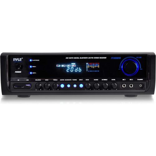  Pyle Wireless Bluetooth Power Amplifier System - 300W 4 Channel Home Theater Audio Stereo Sound Receiver Box Entertainment wUSB, RCA, 3.5mm AUX, LED, Remote - For Speaker, PA, Studio U