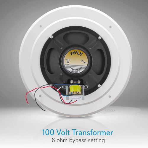  Pyle 8” Ceiling Wall Mount Speakers - Full Range Woofer Speaker System 100 Volt Transformer Flush Design w 60Hz-16kHz Frequency Response 200 Watts Peak & Template for Easy Installation