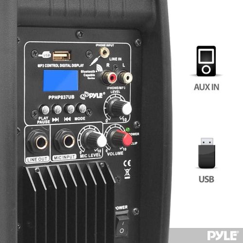  Pyle PPHP837UB Powered Active PA System Loudspeaker Bluetooth with Microphone - 8 Inch Bass Subwoofer Stage Speaker Monitor Built in USB for MP3 Amplifier - DJ Party Portable Sound