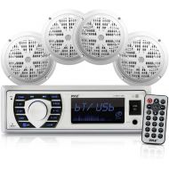 Pyle Marine Radio Receiver Speaker Set - 12v Single DIN Style Bluetooth Compatible Waterproof Digital Boat In Dash Console System with Mic - 4 Speakers, Remote Control, Wiring Harness -
