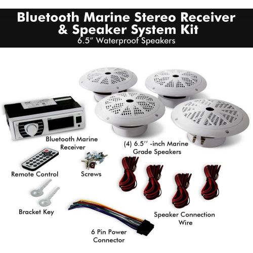  Pyle Marine Radio Receiver Speaker Set - 12v Single DIN Style Bluetooth Compatible Waterproof Digital Boat In Dash Console System with Mic - 4 Speakers, Remote Control, Wiring Harness -