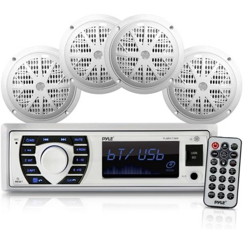  Pyle Marine Radio Receiver Speaker Set - 12v Single DIN Style Bluetooth Compatible Waterproof Digital Boat In Dash Console System with Mic - 4 Speakers, Remote Control, Wiring Harness -