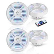 4) Pyle PLMRX68LEW 6.5 Inch 500 Watt Marine Boat LED Light White Speakers (Four)