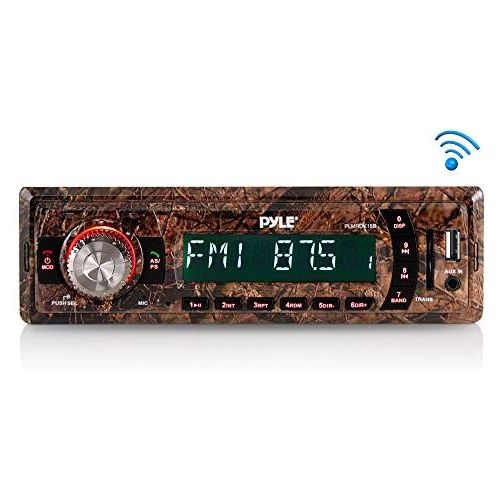  Pyle Camo Stereo Marine Headunit Receiver - 12v Camo Style Single DIN Digital Boat in Dash Radio System Bluetooth, Built in Mic, MP3, USB, SD, AUX, AM FM Radio - Power Wiring Harness -