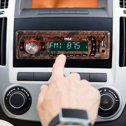  Pyle Camo Stereo Marine Headunit Receiver - 12v Camo Style Single DIN Digital Boat in Dash Radio System Bluetooth, Built in Mic, MP3, USB, SD, AUX, AM FM Radio - Power Wiring Harness -