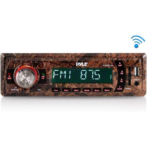  Pyle Camo Stereo Marine Headunit Receiver - 12v Camo Style Single DIN Digital Boat in Dash Radio System Bluetooth, Built in Mic, MP3, USB, SD, AUX, AM FM Radio - Power Wiring Harness -