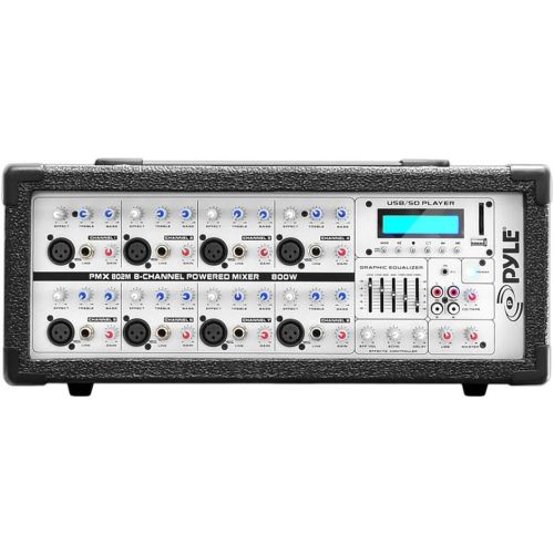  Pyle 8-Channel Microphone System Powered Mixer - 800 Watts Power Peak AUX (3.5mm) Input Connector SD Memory Card & USB Flash Drive Readers 5-Band Graphic Equalizer LCD Display w Coolin