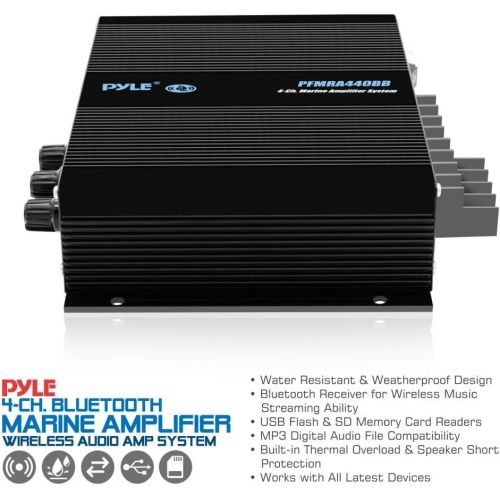  Pyle 4 Channel Marine Amplifier - Compact Power 400 Watt RMS 4 OHM Full Range Stereo & Waterproof - Wireless Bluetooth Receiver Audio Speaker with LCD Digital Screen - PFMRA440BB