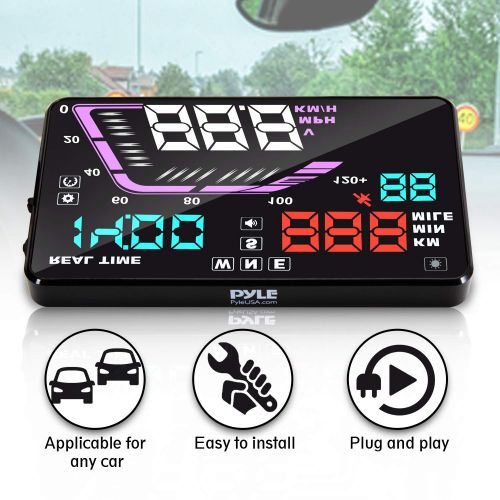  Pyle Heads Up Display HUD Screen - Universal 5.5’’ Car Head-Up Windshield Display wMulti-Color Screen Projector Vehicle Speed, GPS Navigation Compass, Plug Play wSpeed, Time, Altitude