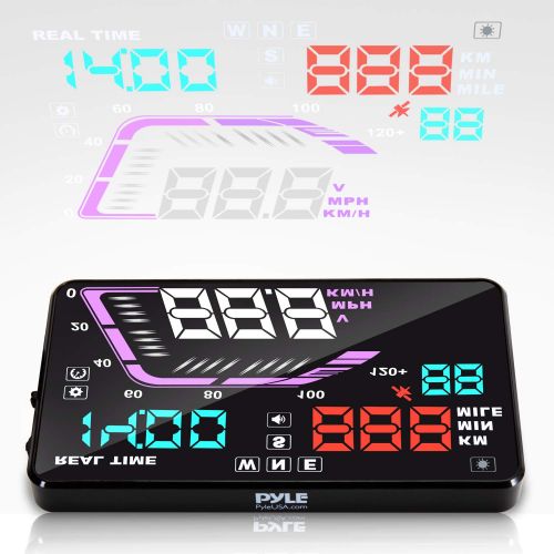  Pyle Heads Up Display HUD Screen - Universal 5.5’’ Car Head-Up Windshield Display wMulti-Color Screen Projector Vehicle Speed, GPS Navigation Compass, Plug Play wSpeed, Time, Altitude