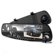 Pyle Dash Cam Rearview Mirror - 4.3” DVR Monitor Rear View Dual Camera Video Recording System in Full HD 1080p w/Built in G-Sensor Motion Detect Parking Control Loop Record Support