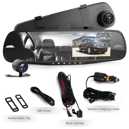  Pyle Dash Cam Rearview Mirror - 4.3” DVR Monitor Rear View Dual Camera Video Recording System in Full HD 1080p wBuilt in G-Sensor Motion Detect Parking Control Loop Record Support