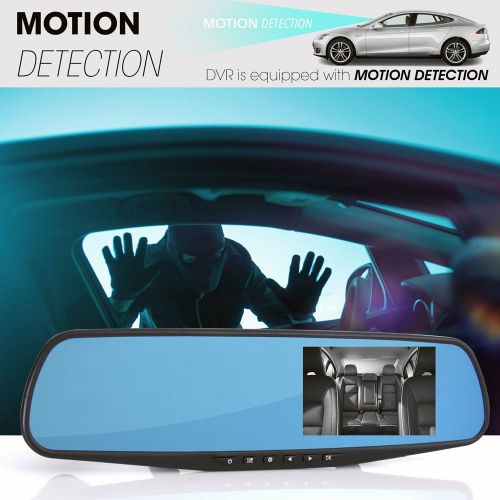  Pyle Dash Cam Rearview Mirror - 4.3” DVR Monitor Rear View Dual Camera Video Recording System in Full HD 1080p wBuilt in G-Sensor Motion Detect Parking Control Loop Record Support