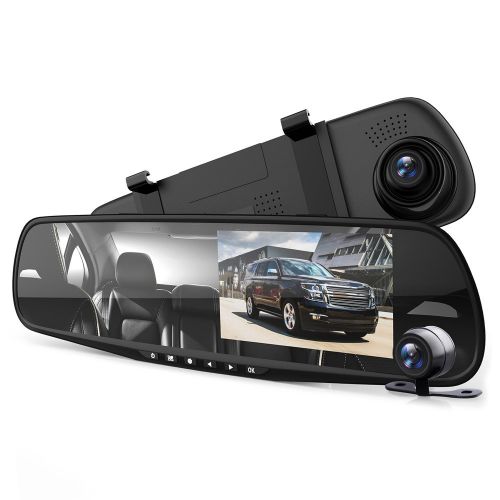  Pyle Dash Cam Rearview Mirror - 4.3” DVR Monitor Rear View Dual Camera Video Recording System in Full HD 1080p wBuilt in G-Sensor Motion Detect Parking Control Loop Record Support