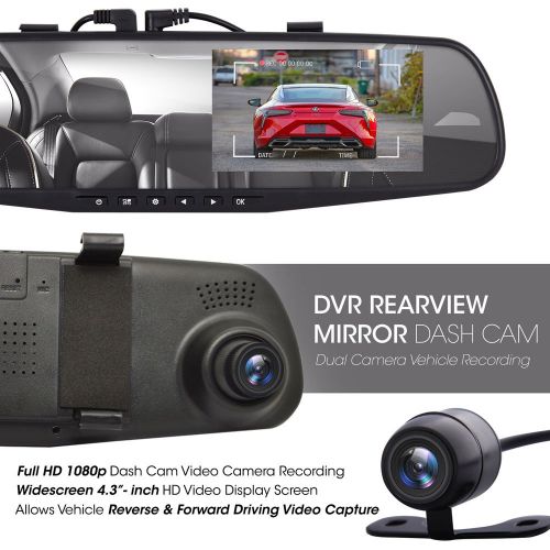  Pyle Dash Cam Rearview Mirror - 4.3” DVR Monitor Rear View Dual Camera Video Recording System in Full HD 1080p wBuilt in G-Sensor Motion Detect Parking Control Loop Record Support