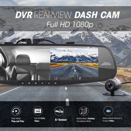  Pyle Dash Cam Rearview Mirror - 4.3” DVR Monitor Rear View Dual Camera Video Recording System in Full HD 1080p wBuilt in G-Sensor Motion Detect Parking Control Loop Record Support