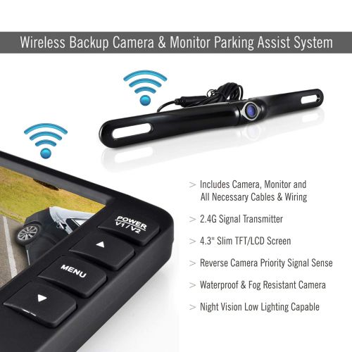  Pyle Wireless Rear View Backup Camera - Upgraded Vehicle Parking Reverse System wMonitor Kit, IP67 Waterproof Fog Resistant, 4.3’’ LCD Screen, Tilt-Adjustable Dash Cam, Night Vision -