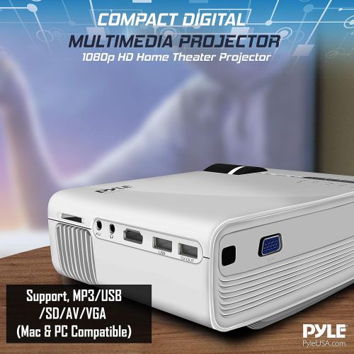 Pyle Portable Multimedia Home Theater Projector - Compact HD 1080p High Lumen LED wUSB, HDMI, 50” to 130” Inch Adjustable Screen in Your Mac or PC, Built-in Stereo Speaker and Remote C