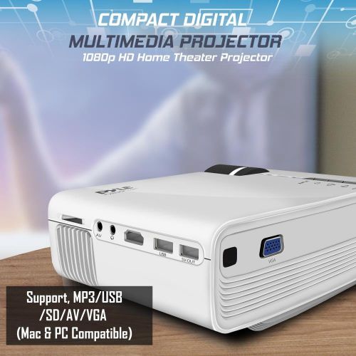  Pyle Portable Multimedia Home Theater Projector - Compact HD 1080p High Lumen LED USB HDMI Adjustable 50 to 130 Inch Screen in your Mac or PC - Built in Stereo Speaker with Remote