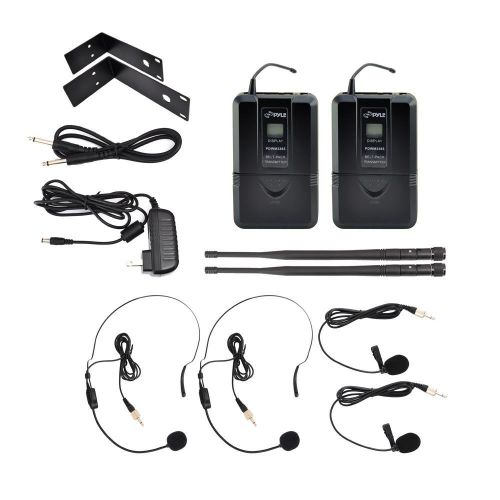  Pyle PYLE Wireless Microphone System with (2) Beltpacks, Headset & Lavalier Mics | UHF Selectable Frequency | LCD Display | Rack Mountable (PDWM3365)