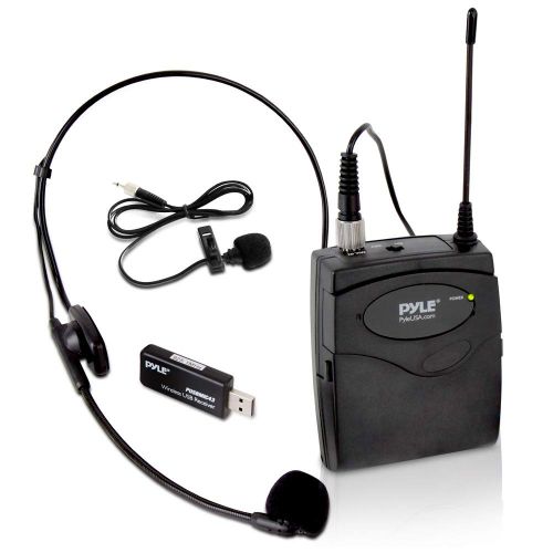  Pyle Belt Pack Wireless Microphone System - Mic Set with USB Receiver, Transmitter, Headset and Clip Lavalier Lapel Mic, Audio Cable, Two AA Battery - Great for Karaoke, PA, Dj Party -