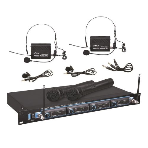  Pyle 4 Channel VHF Wireless Microphone System & Rack Mountable Base 2 Handheld MIC, 2 Headset, 2 Belt Pack, 2 LavelierLapel MIC With Independent Volume Controls AF & RF Signal Ind