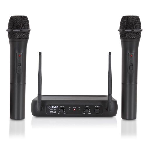 Pyle Dual Channel Wireless Microphone System - VHF Fixed Dual Frequency Wireless Mic Receiver Set with 2 Handheld Dynamic Transmitter Mics, Receiver Base - For PA, Karaoke, Dj Party - P