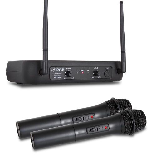  Pyle Dual Channel Wireless Microphone System - VHF Fixed Dual Frequency Wireless Mic Receiver Set with 2 Handheld Dynamic Transmitter Mics, Receiver Base - For PA, Karaoke, Dj Party - P