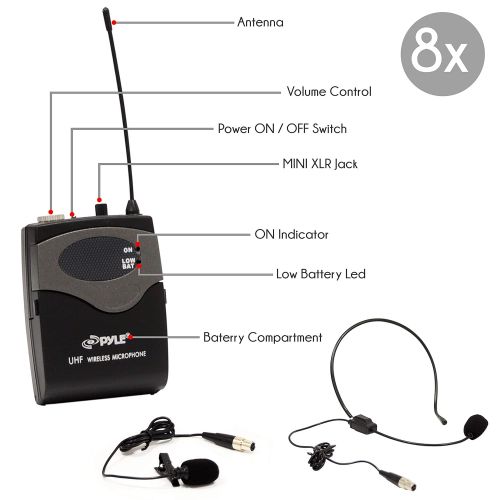  8-Channel UHF Wireless Microphone System - Mountable Base Rack, 8 Headsets, 8 Belt Packs, 8 LavalierLapel MIC with Independent Volume Controls AF & RF Signal Indicators - Pyle PDW