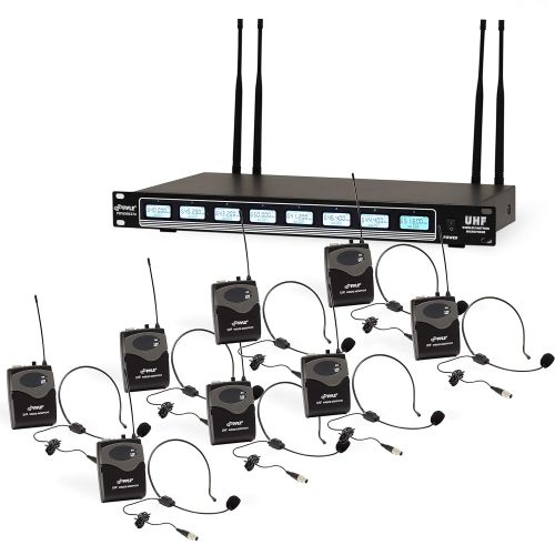  8-Channel UHF Wireless Microphone System - Mountable Base Rack, 8 Headsets, 8 Belt Packs, 8 LavalierLapel MIC with Independent Volume Controls AF & RF Signal Indicators - Pyle PDW