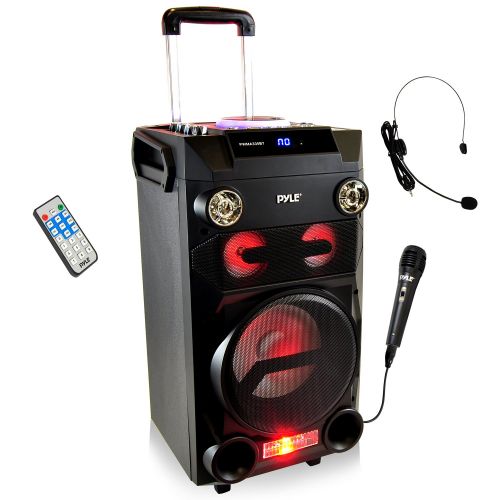  Pyle Outdoor Portable Wireless Bluetooth Karaoke PA Loud speaker - 8 Subwoofer Sound System with DJ Lights, Rechargeable Battery, FM Radio, USB  Micro SD Reader, Microphone, Remot